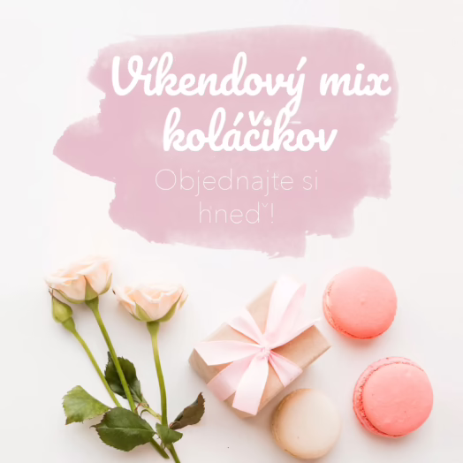 Víkendový mix koláčikov Fajnotka – Špeciálna ponuka lahodných koláčikov na víkend, ozdobená makrónkami, darčekovou krabičkou a čerstvými ružami. Objednajte si hneď!